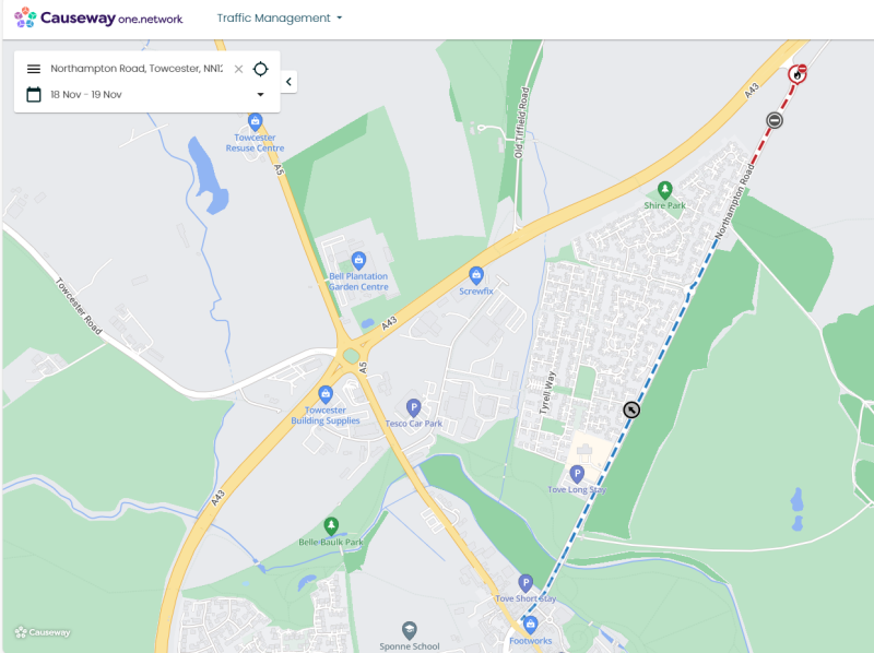 Map of Northampton Road, Towcester, showing road closure at Hulcote/Easton Neston junction on 18th November 2024