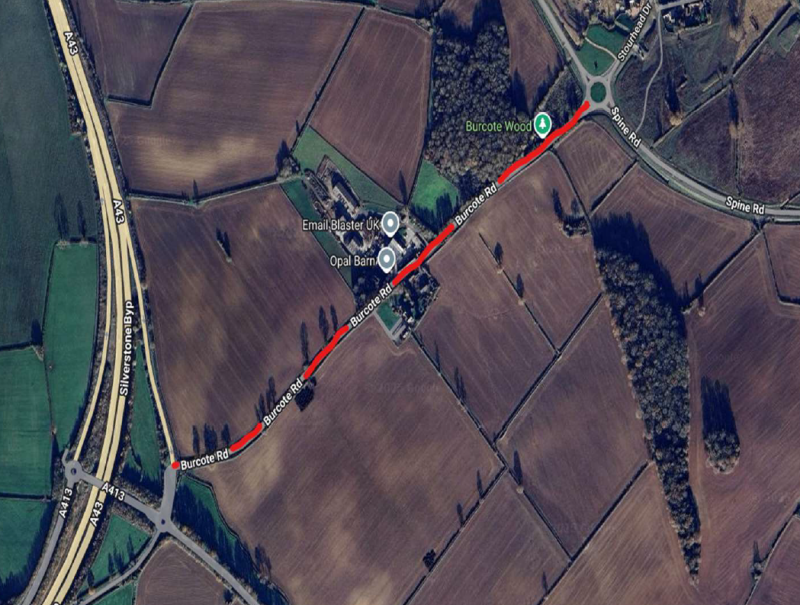 Aerial map showing extent of roadworks on Burcote Road, Wood Burcote, Towcester