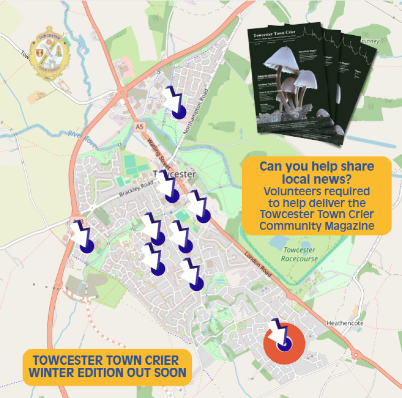 Street map of Towcester with arrows pointing to locations needing volunteers