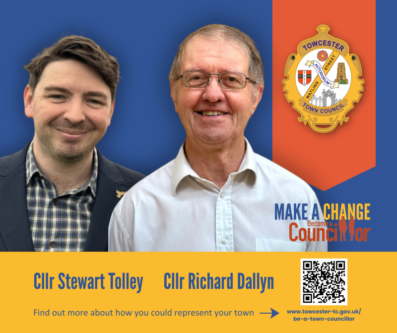 Profile photos of Cllr Stewart Tolley and Cllr Richard Dallyn with link to wedpage giving details about becoming a town councillor