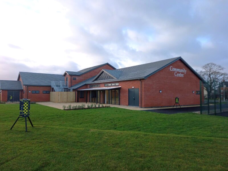 Image shows rear of a new community centre in the southern residential development in Towcester