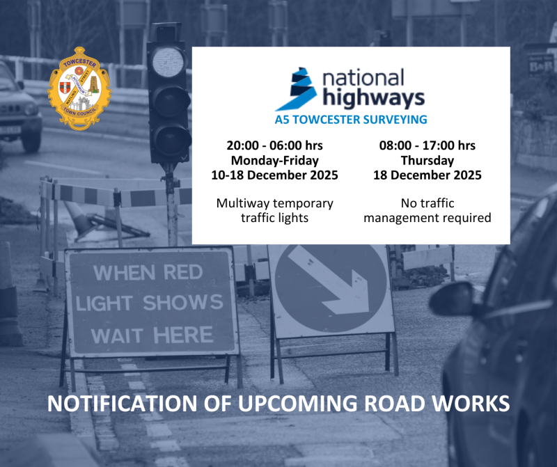 Image shows temporary traffic lights in the background with details of the upcoming roadworks in a text box.