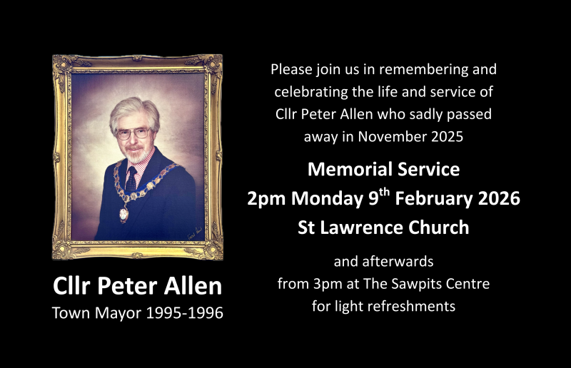 Image shows official Town Mayor portrait from 1995-1996 when Cllr Peter Allen held the role with accompanying text stating the date of the memorial se