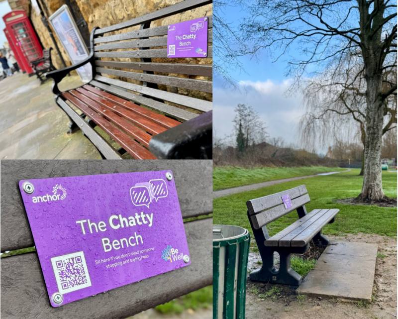 Image shows a collage of three photos. Two show public benches each with a purple 'chatty bench' sign added. Third image is a close of the sign.