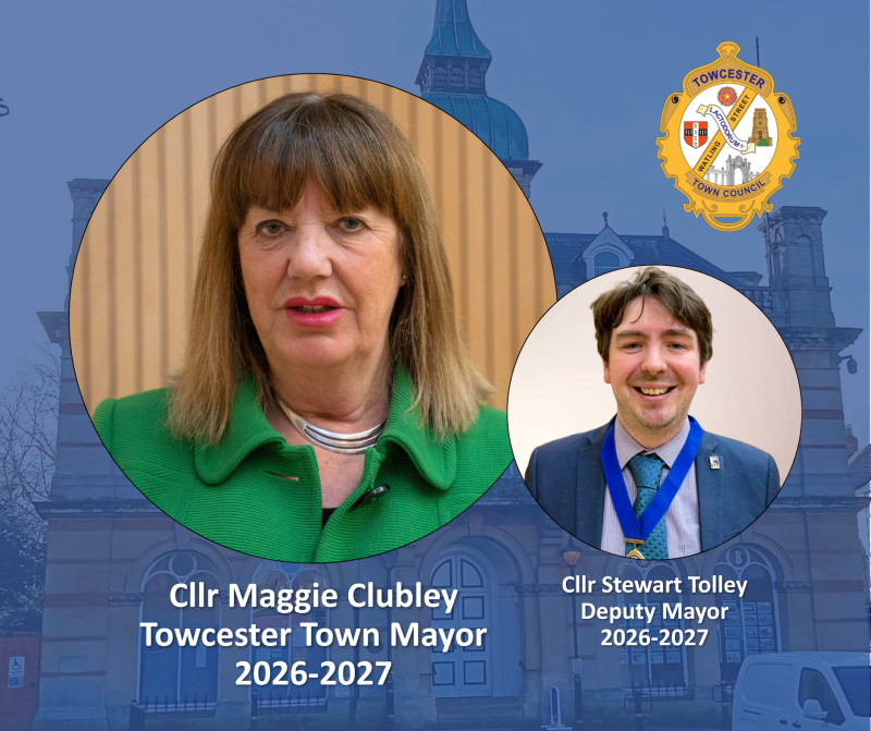 Profile photos of Cllr Maggie Clubley as new Town Mayor and Cllr Stewart Tolley and Deputy Mayor for Towcester