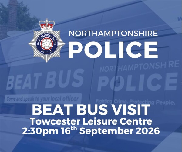background image shows side of police community beat bus with overlay text of Northamptonshire Police logo and date and time of event