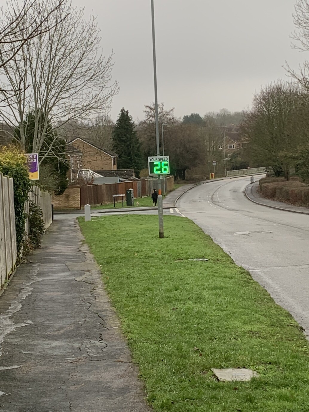 Image of a vehicle activated speed sign showing 26mph on Springfields, Towcester, Northamptonshire, UK