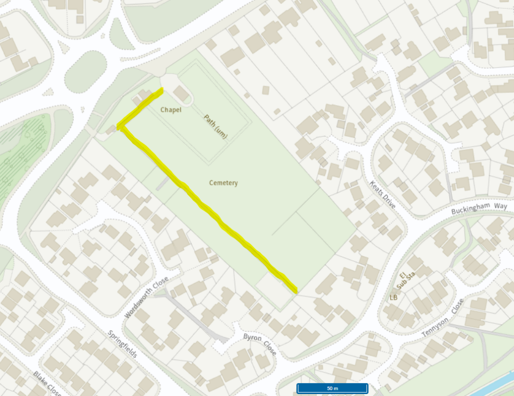 Map of cemetery with footpath highlighted